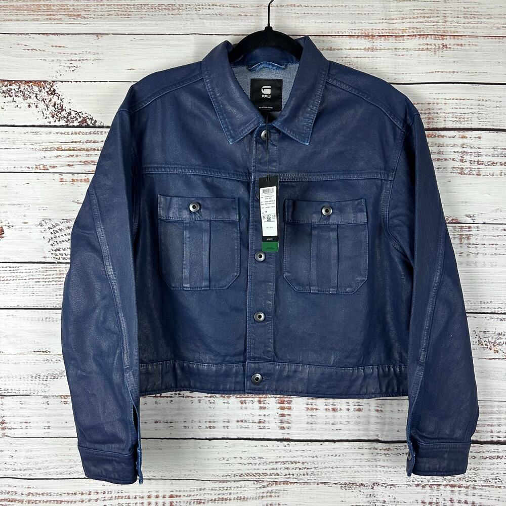 NWT G-Star Raw Cropped Boxy Utility Denim Jean Jacket Luna Blue Waxed Womens M